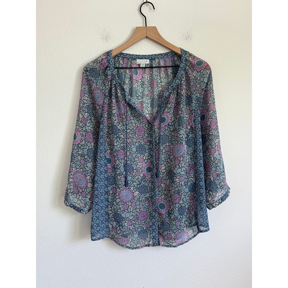 J. Jill Chiffon Floral Blouse L Petite Medallion Print Split Neck Tassel Tie Top